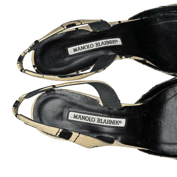 Manolo Blahnik Slingback Snakeskin Heels Black Crystal Buckle Beige Print 39.5 - Picture 10 of 13